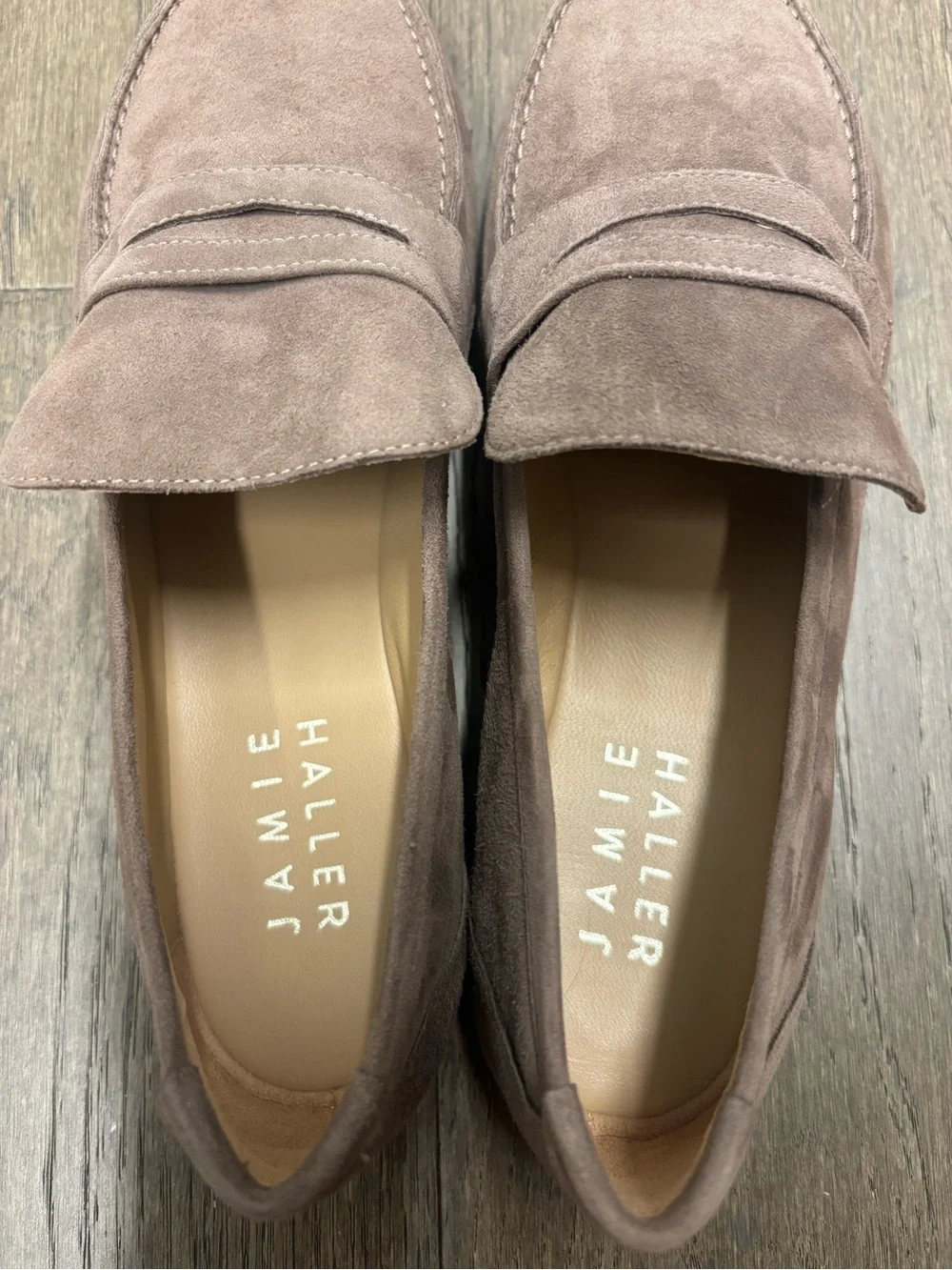 NWT JAMIE HALLER-Suede Taupe Penny Loafer (38)